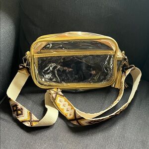 Transparent Stadium Adjustable Crossbody Bag with Gold Trim - 9 1/2 X 5 1/2